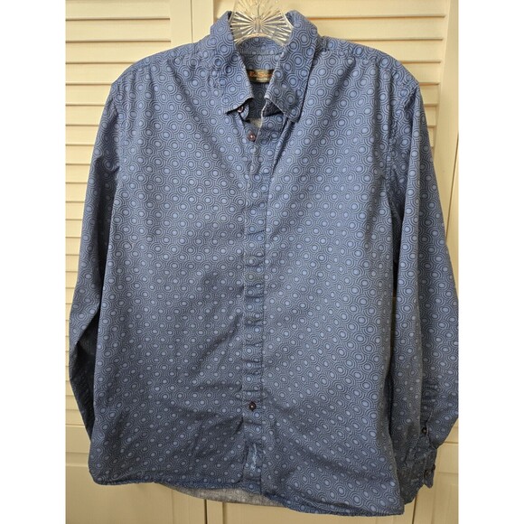 Blue Geometric Circle Print Long Sleeve Button Down 100% Cotton Dress Shirt L - Picture 1 of 6